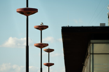 Red Non-functioning public announcement speakers at the Great Strahov Stadium