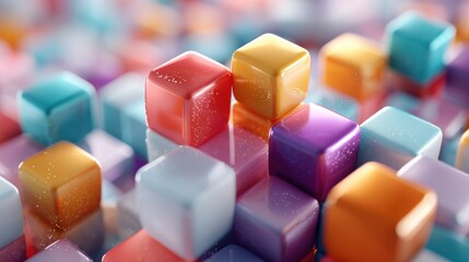 Obraz premium A plethora of colorful cubes in various sizes and hues form an intricate pattern, showcasing vibrant shades and reflections, creating a lively atmosphere.