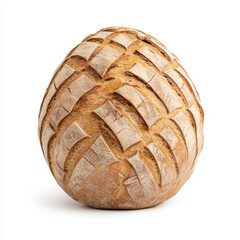 A round artisan loaf of bread with a golden crust and intricate scoring, isolated on a white background.