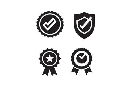 Set of black and white quality assurance icons.This image features a collection of four black and white icons representing quality assurance.