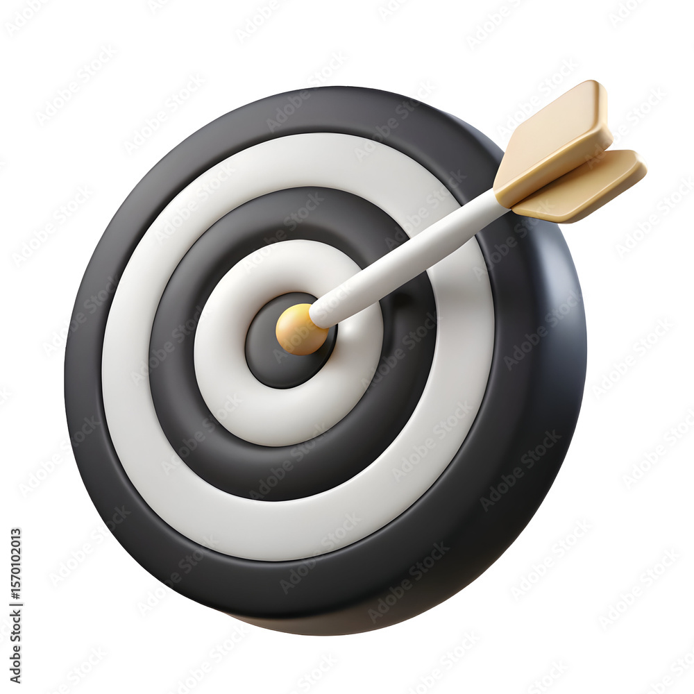 Poster 3 d render of a black and white target with a yellow arrow hitting the bullseye isolated on a transp