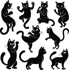 Cat silhouette bundle set vector A collection of 9 black cat silhouettes in various poses, including jumping, standing, sitting. Each silhouette is clean and minimal,contrast, 