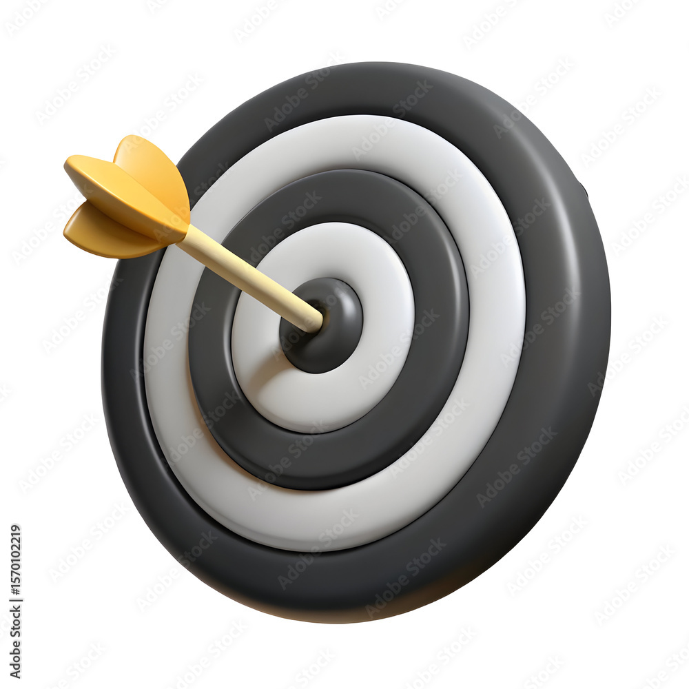 Poster 3 d render of a black and white target with a yellow arrow in the bullseye isolated on a transparent