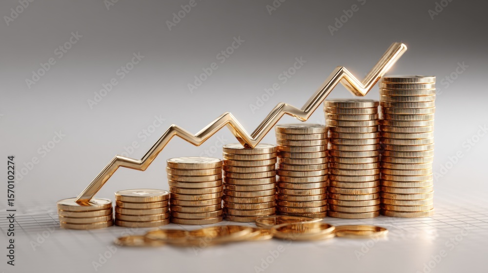 Poster a collection of stacked gold coins gradually increasing in height, with a rising line graph represen