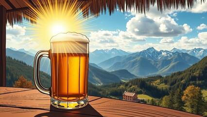 Comicartige Illustration eines Bierglases vor Alpenpanorama mit Sonnenschein. Fröhlich, urig und sommerlich.