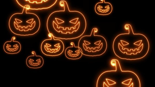 4K Glowing Neon Halloween pumpkin Pattern Falling on Black Background. Halloween and Holiday  Concept creepy Pumpkins Neon Pattern Design. Neon Pumpkins Texture Design. Halloween Holiday  Banner.