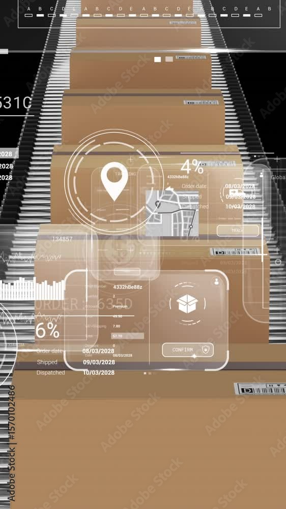Poster animation of data processing on screens over cardboard boxes on conveyor belts