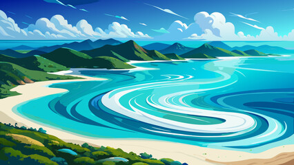 In Whitsunday Islands, the pure silica sands swirl with turquoise waters, creating a heavenly palette beneath a silky sky, a paradise of texture and light from a bird’s-eye view.