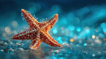 A vibrant orange starfish is partially submerged on a sandy beach, surrounded by sparkling waves under a colorful sunset sky.