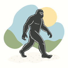 Obraz premium Silhouette of Bigfoot Walking Black Sasquatch Figure in Profile Illustration