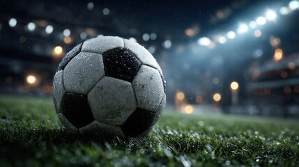 Fototapeta premium A soccer ball lies on wet grass, glistening under stadium lights during a nighttime match. The atmosphere is filled with excitement and anticipation from the crowd.