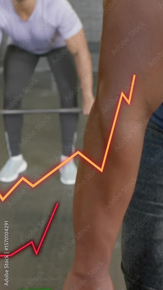 Poster animation of graph processing data over diverse lifting barbells at gym