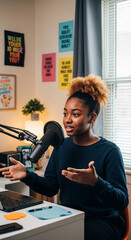 Black teen girl with acne recording podcast in colorful room