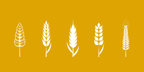 Wheat ear vector illustrations on golden background. Set of five stylized grain logo wheat grain designs in various shapes and sizes, ideal for agricultural themes, packaging or organic eco products. © whilerests
