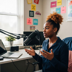 Black teen girl with acne recording podcast in colorful room