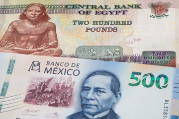 200 Egyptian pound  and 500 Mexican peso banknotes. International trade concept