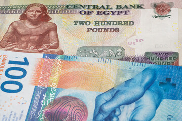 200 Egyptian pound  and 100 Swiss frank banknotes. International trade concept