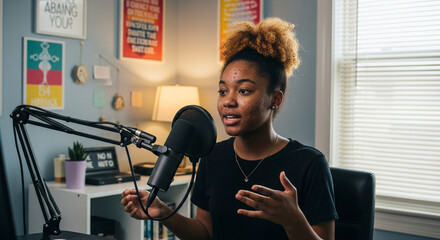 Black teen girl with acne recording podcast in colorful room