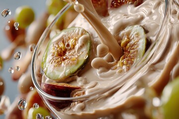 Creamy weight-loss smoothie poured into glass with tropical fruits in background