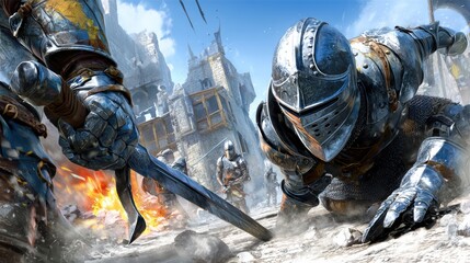 Intense moment in a medieval duel with a fighter poised to strike in a castle ruin setting
