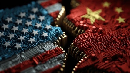 A close-up view shows circuit patterns shaped like the flags of the United States and China, representing the intersection of technology and global diplomacy.
