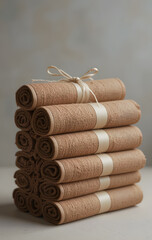 Stack of Rolled Brown Towels Tied with Kraft Paper Band