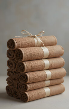 Stack of Rolled Brown Towels Tied with Kraft Paper Band