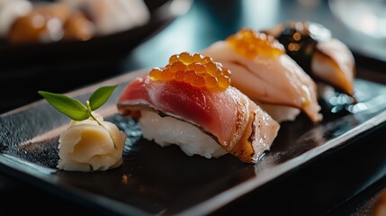 Sushi platter showcasing various types of nigiri with garnishes in a modern dining setting