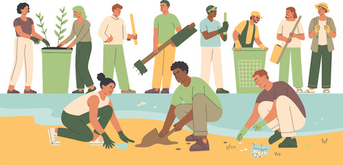 Illustration of people cleaning up a beach and planting trees in green containers