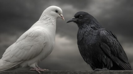 A white dove and a black raven face each other against a dark, stormy sky. The contrasting colors emphasize their differences, creating a striking visual moment in nature.