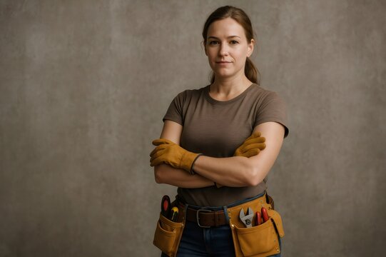 Portrait of a confident female handyman crossing arms, wearing a tool belt and gloves on a gray background