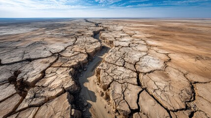 Cracked earth reveals a dry lakebed under harsh sunlight on a desolate landscape