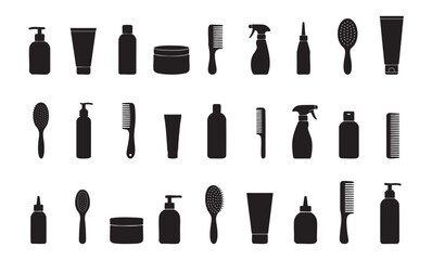 Black silhouettes of hair care products and tools, isolated on white background, graphic illustration. concept of beauty products, styling essentials, salon accessories, design element.