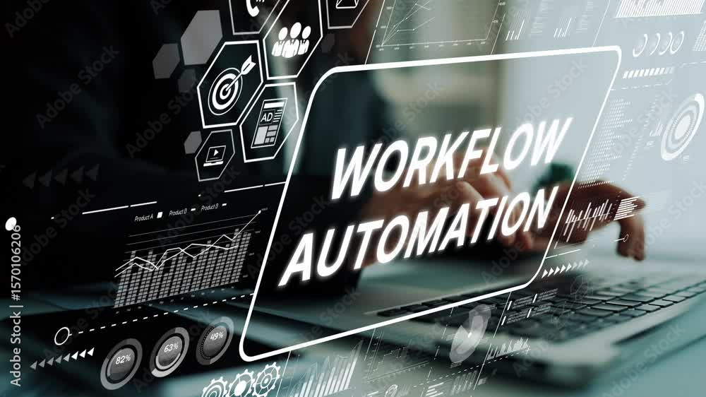 Poster innovative workflow automation concept with digital interface and data visualizations for business o