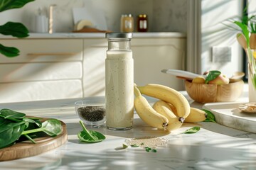 Fresh weight-loss shake with banana and spinach on marble counter in sunny kitchen