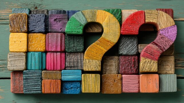 Various colorful wooden blocks are arranged to form two question marks on a rustic wooden surface that showcases creativity and playful design. The vibrant colors invite exploration.