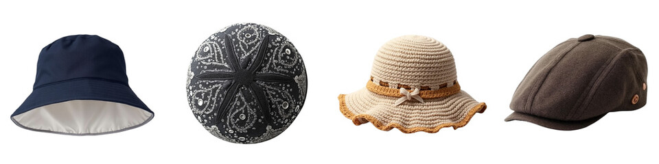 Collage of varied hats on a transparent background for casual fashion concept