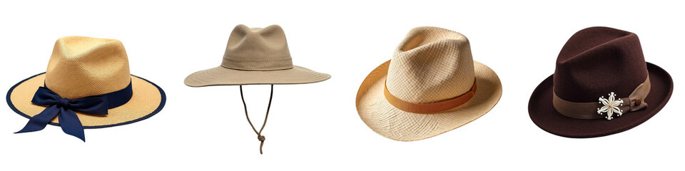 Collage of elegant hats on a transparent background for summer fashion concept