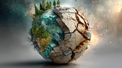 Surreal digital art explores contrasting worlds of nature and desolation on a cracked globe