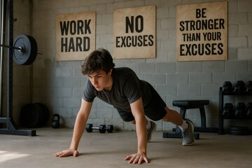 Teenager performing push ups on a gym floor, surrounded by motivational posters that inspire dedication and perseverance in fitness