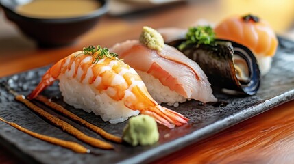 Fresh sushi served on a black plate with wasabi and garnishes in a Japanese restaurant setting