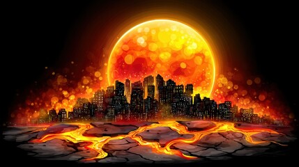 Surreal world of melting buildings under a giant sun illuminating a city in an orange-red glow