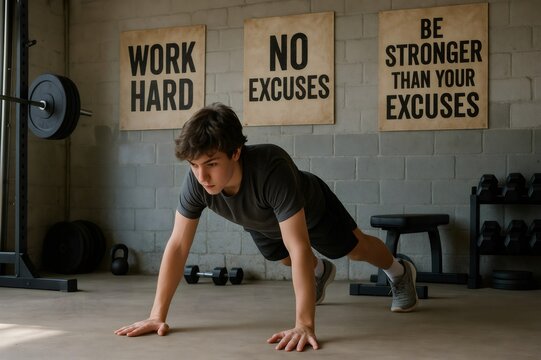 Teenager performing push ups on a gym floor, surrounded by motivational posters that inspire dedication and perseverance in fitness