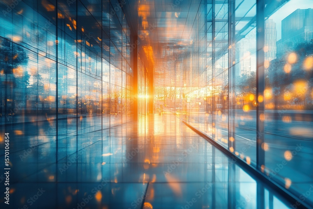 Poster modern architecture interior with glass walls reflecting light and clouds, creating a bright and air