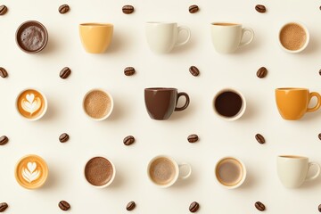 Obraz premium Watercolor style coffee cup and beans seamless pattern on an off-white background creating a warm, inviting, and cozy atmosphere for cafe, restaurant, or home decor projects