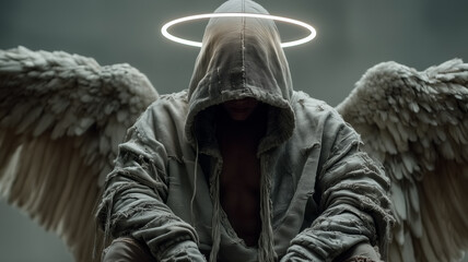 Silent Angel with Halo and Wings in Contemplation – Generative AI