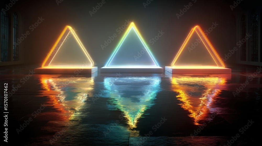 Poster three illuminated triangular shapes emit colorful light, casting vibrant reflections on a wet floor.
