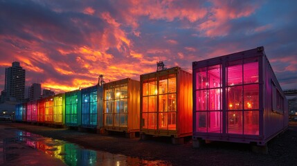 Vibrant shipping containers glow in various colors against a dramatic sunset sky in an urban area. The scene features reflective puddles and modern architecture nearby.