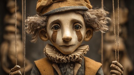 A wooden puppet with a distressed face and tearful expression stands in a craftsman's workshop, surrounded by various handmade puppets and tools, evoking a sense of nostalgia and artistry.