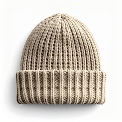 Fototapeta premium Beige Knitted Beanie Hat on White Background